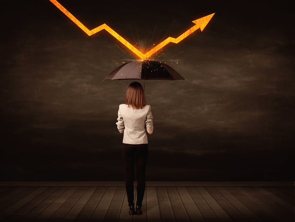 Businesswoman standing with umbrella keeping orange arrow concept on background-1