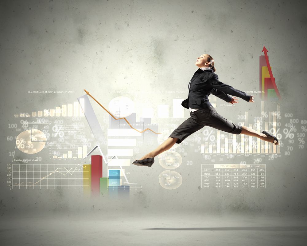 Image of pretty businesswoman jumping high against financial background