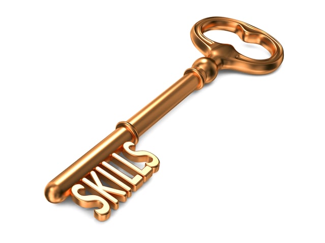 Skills - Golden Key on White Background. 3D Render. Business Concept.